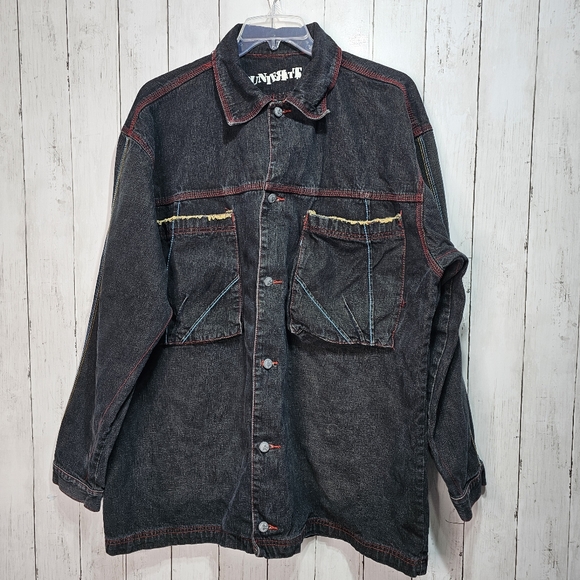 Vintage Counter Attack Men's Black Frayed Embroidered Denim Jacket Size XL 90's. - Picture 1 of 10